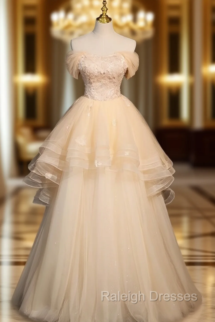Champagne Tulle Flower Beading Off the Shoulder Prom Dress