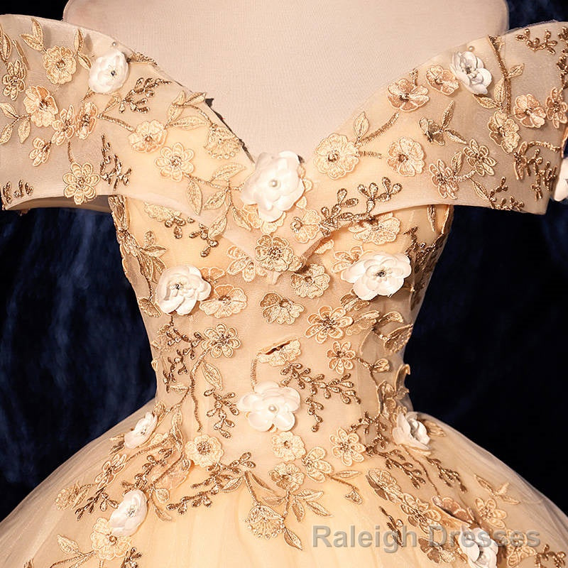 Champagne Tulle Flowers Off Shoulder Sweet 16 Prom Dress, Long Prom Dress, Formal Gowns Secondary image