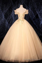 Champagne Tulle Flowers Off Shoulder Sweet 16 Prom Dress, Long Prom Dress, Formal Gowns