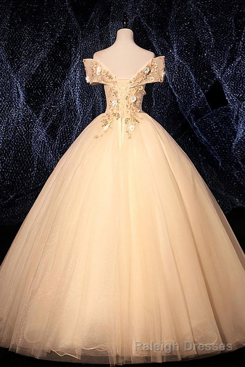 Champagne Tulle Flowers Off Shoulder Sweet 16 Prom Dress, Long Prom Dress, Formal Gowns