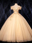 Champagne Tulle Flowers  Off Shoulder Sweet 16 Party Dress, Long Prom Dress, Formal Gown