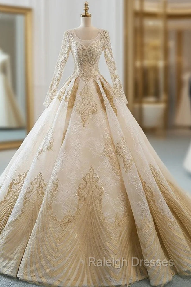 Champagne Tulle Gold Appliques Long Sleeve Wedding Dress Main image