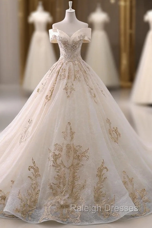 Champagne Tulle Gold Appliques Off The Shoulder Wedding Dress