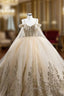 Champagne Tulle Gold Sequins Appliques Spaghetti Straps Pearls Prom Dress