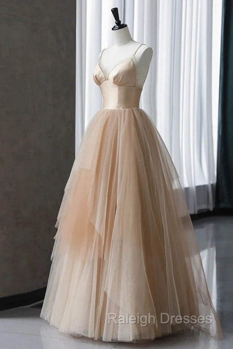 Champagne Tulle Gradient Tulle Straps Long Evening Dress, Charming Formal Gown Secondary image