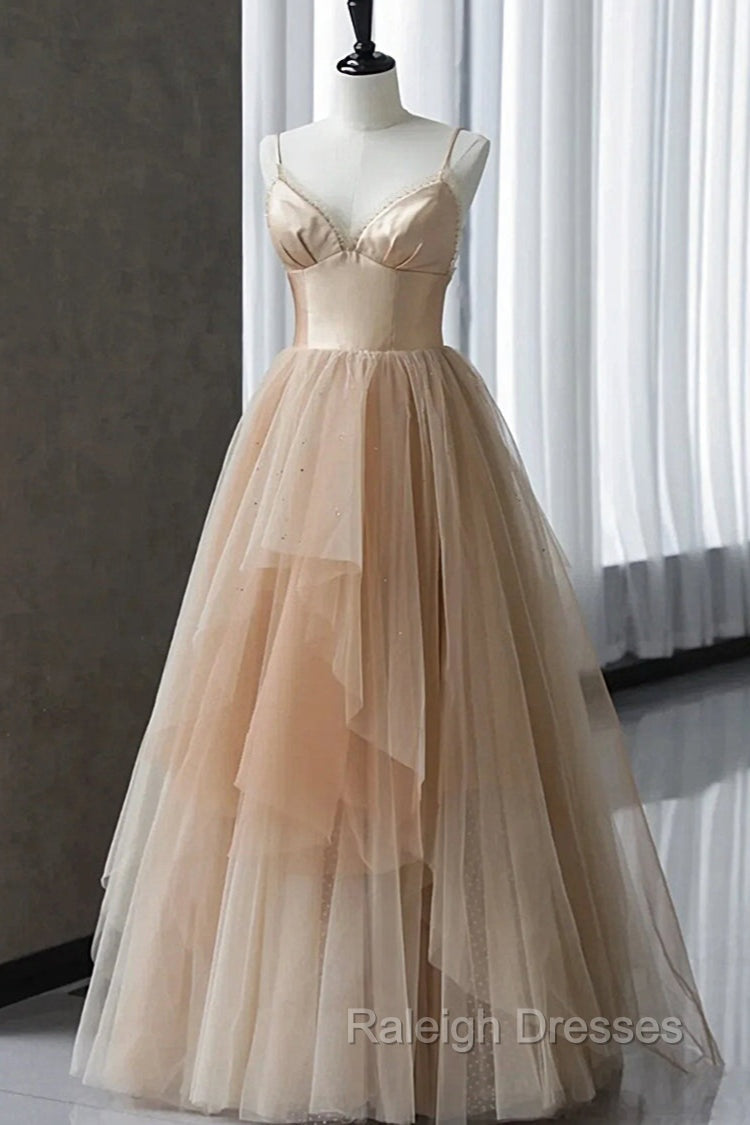 Champagne Tulle Gradient Tulle Straps Long Evening Dress, Charming Formal Gown Main image