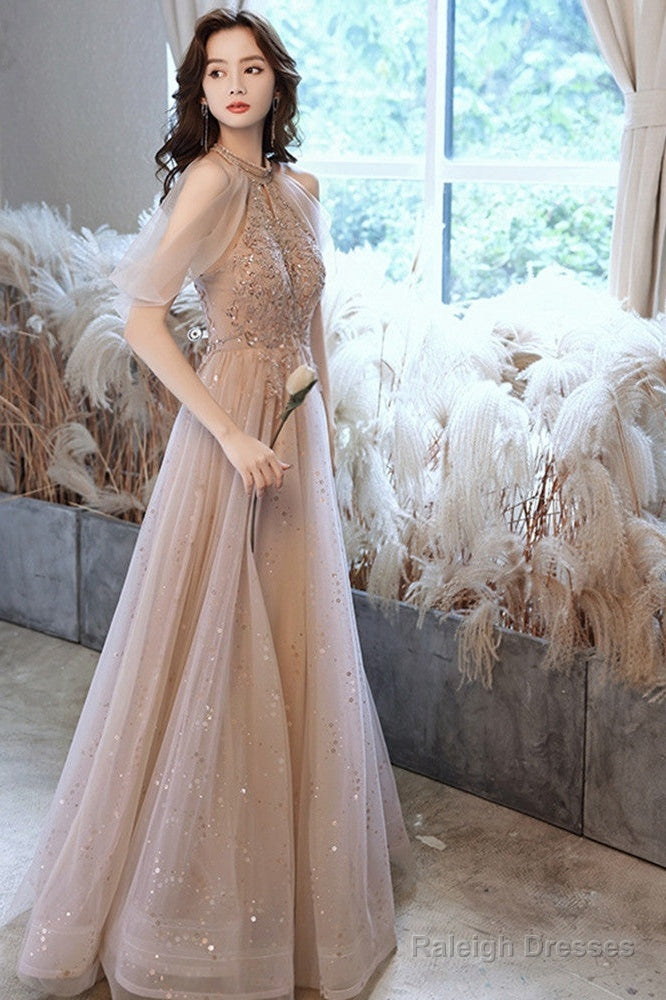 Champagne Tulle Haler Beaded Shiny Long Party Dress, A-Line Prom Dress Evening Dress Secondary image