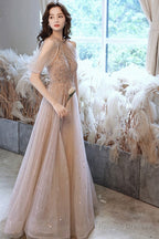 Champagne Tulle Haler Beaded Shiny Long Party Dress, A-Line Prom Dress Evening Dress