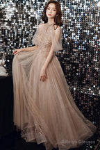 Champagne Tulle Haler Beaded Shiny Long Party Dress, A-Line Prom Dress Evening Dress