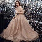 Champagne Tulle Haler Beaded Shiny Long Party Dress, A-Line Prom Dress Evening Dress