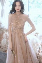 Champagne Tulle Haler Beaded Shiny Long Party Dress, A-Line Prom Dress Evening Dress