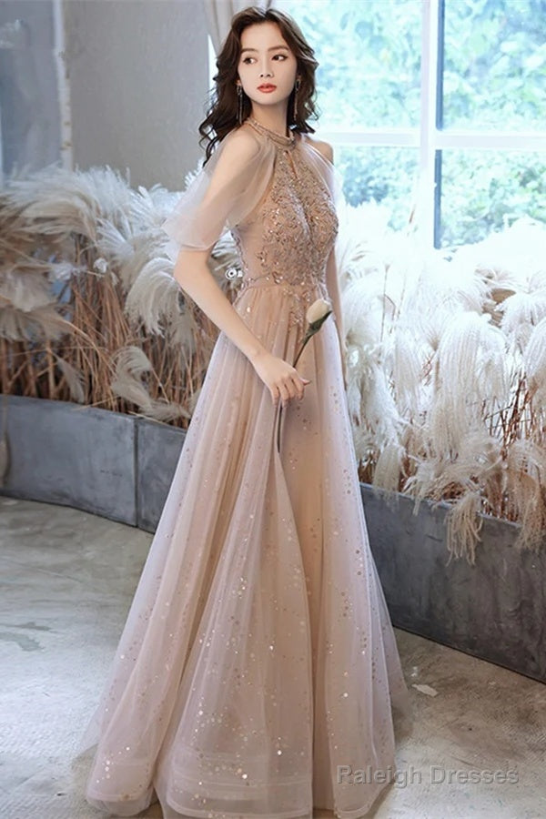 Champagne Tulle Haler Beaded Shiny Long Party Dress, A-Line Prom Dress Evening Dress Main image