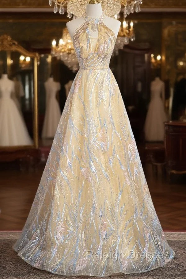 Champagne Tulle Halter Beading Prom Dress