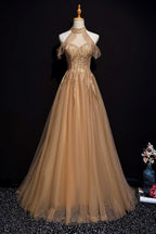 Champagne Tulle Halter Long Prom Dresses A-Line Prom Gowns