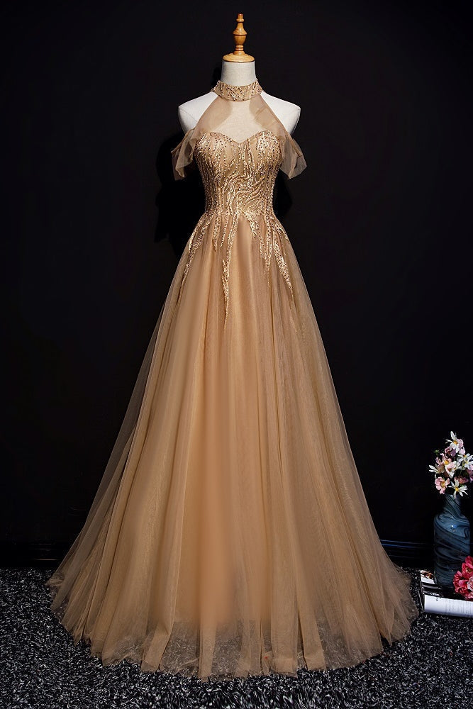 Champagne Tulle Halter Long Prom Dresses A-Line Prom Gowns