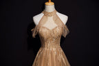 Champagne Tulle Halter Long Prom Dresses A-Line Prom Gowns