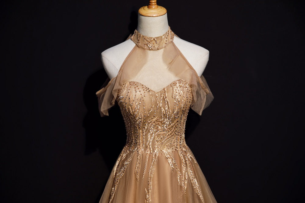 Champagne Tulle Halter Long Prom Dresses A-Line Prom Gowns