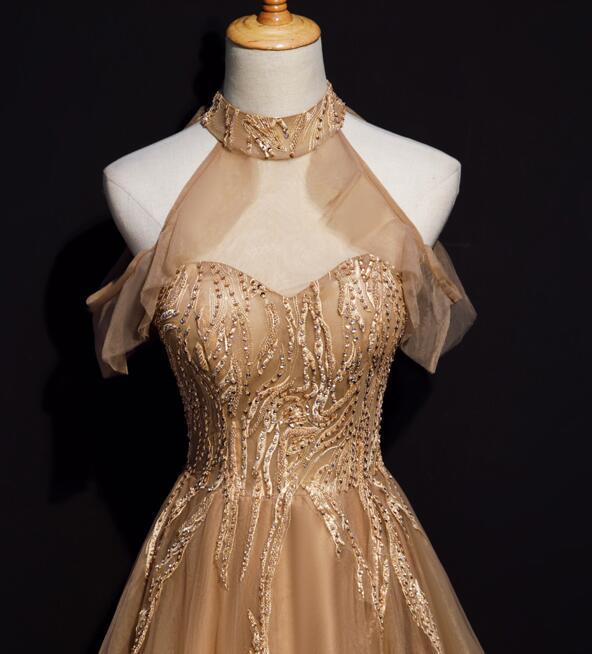 Champagne Tulle Halter Long Prom Dresses A-Line Prom Gowns