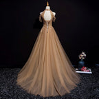Champagne Tulle Halter Long Prom Dresses A-Line Prom Gowns