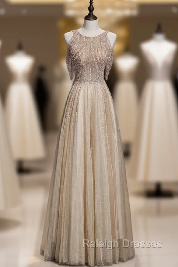 Champagne Tulle Hand Work Beading Long Prom Dress