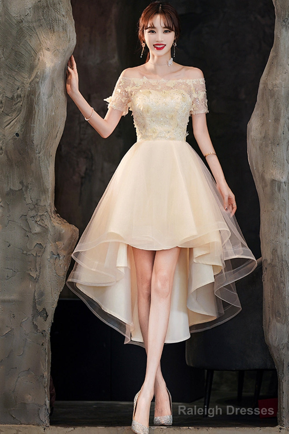 Champagne Tulle High Low Prom Dresses, A-Line Party Dresses