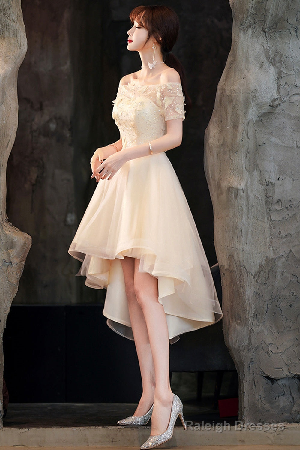 Champagne Tulle High Low Prom Dresses, A-Line Party Dresses