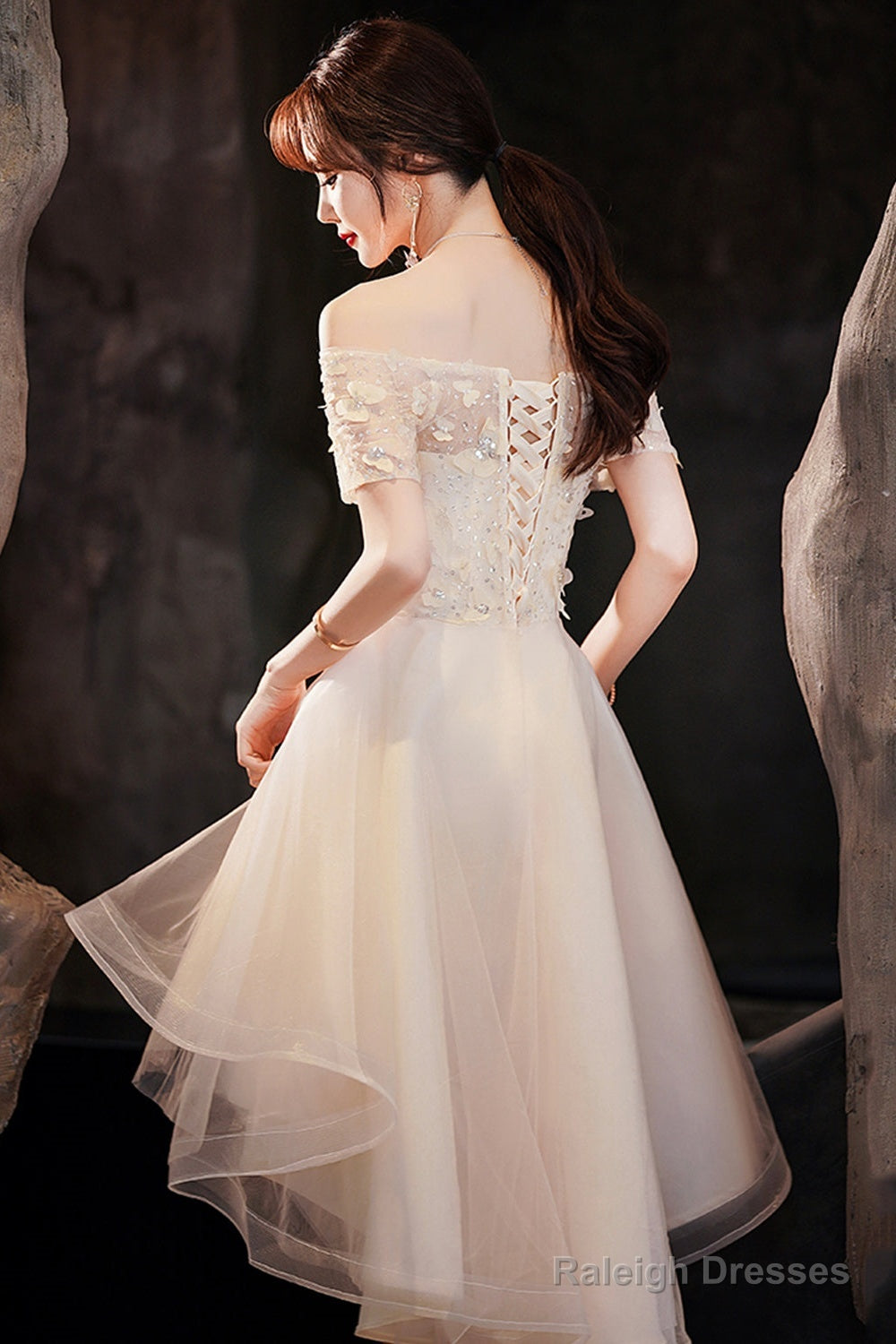 Champagne Tulle High Low Prom Dresses, A-Line Party Dresses