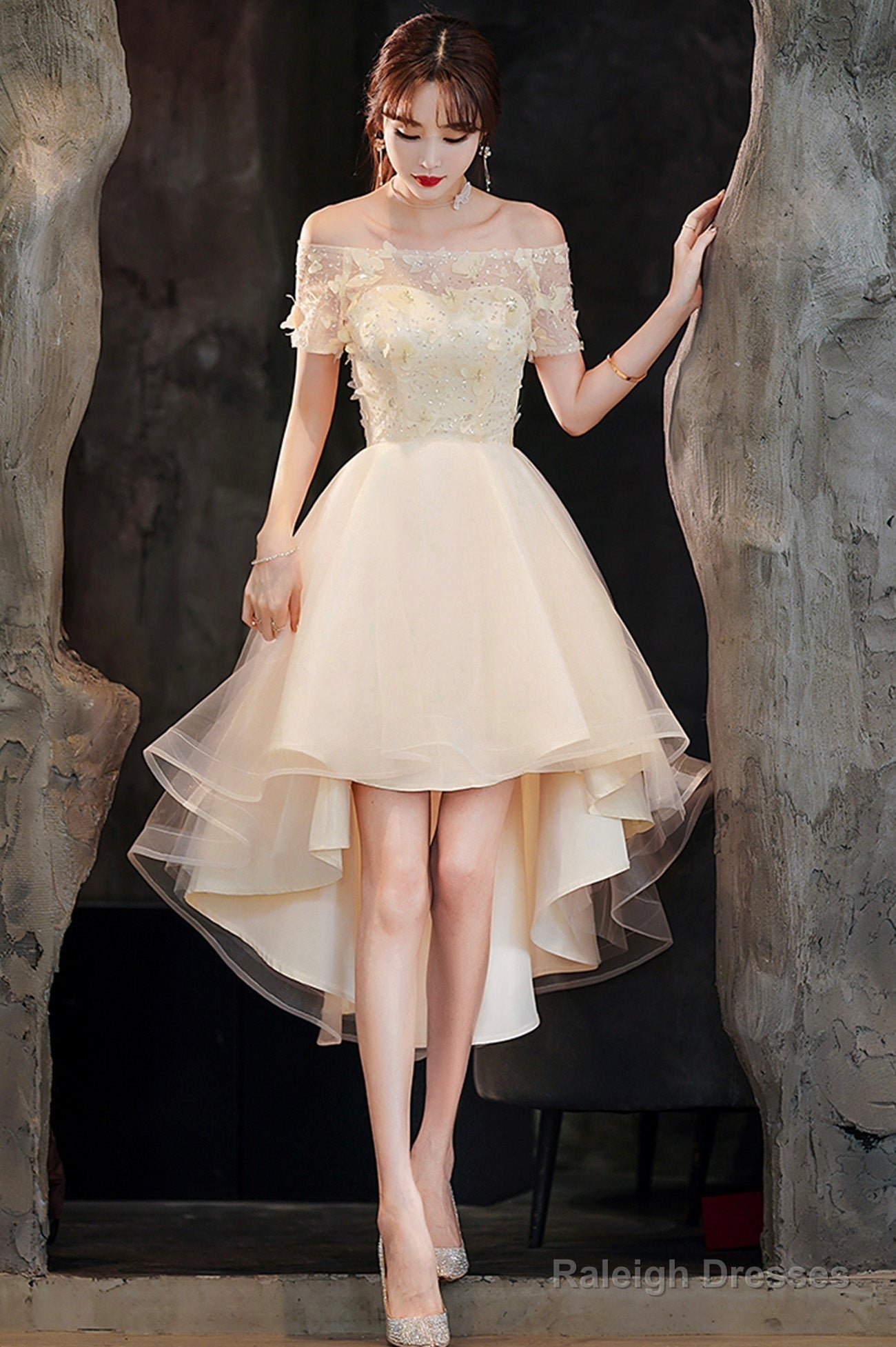 Champagne Tulle High Low Prom Dresses, A-Line Party Dresses