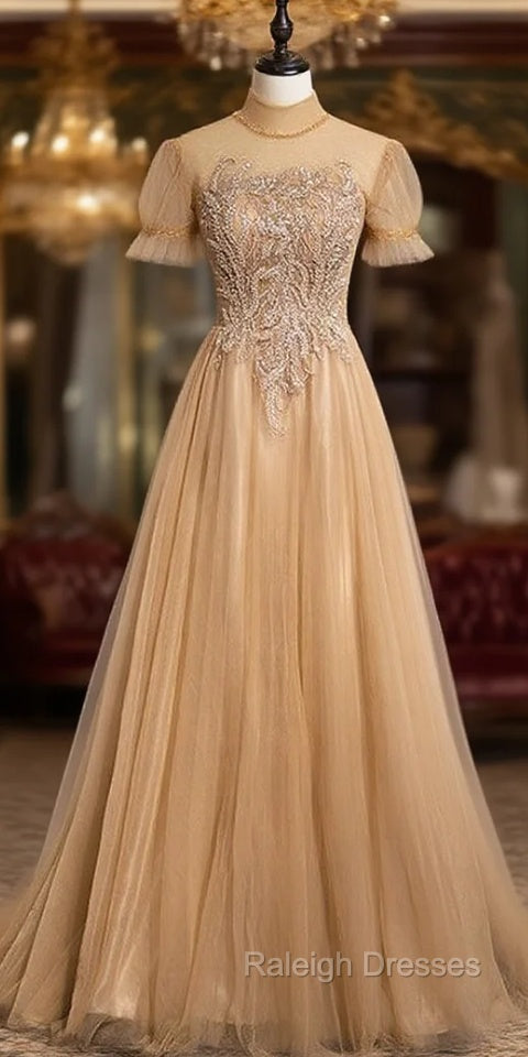Champagne Tulle High Neck Backless Prom Dress