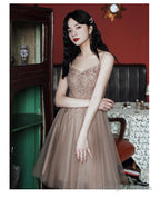 Champagne Tulle Knee Length Beaded Sweetheart Prom Dresses Short Homecoming Dresses Prom Dresses