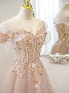Champagne Tulle Lace A Line Long Prom Dresses Lace Champagne Prom Dresses