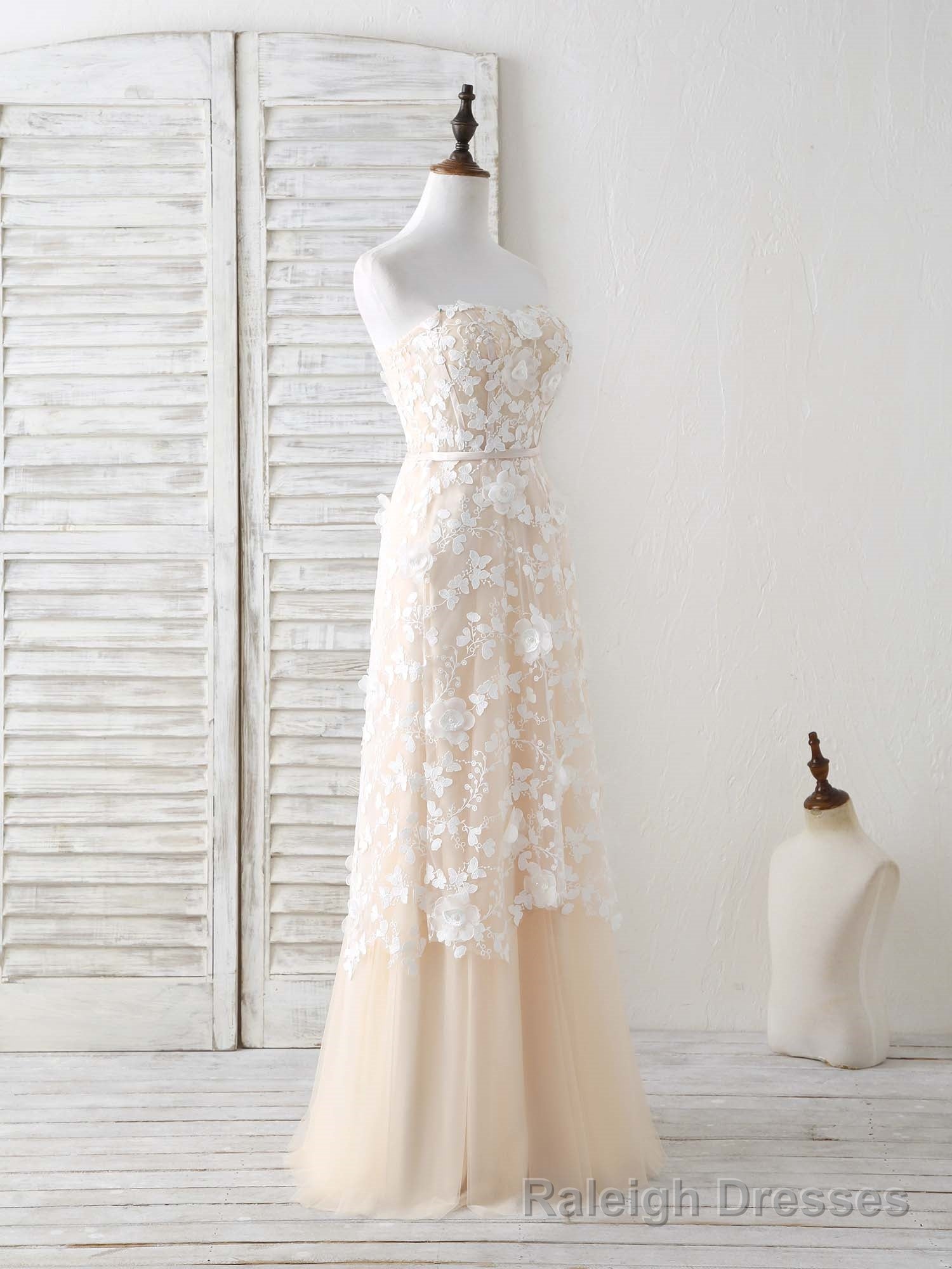 Champagne Tulle Lace Applique Long Prom Dress Champagne Evening Dress