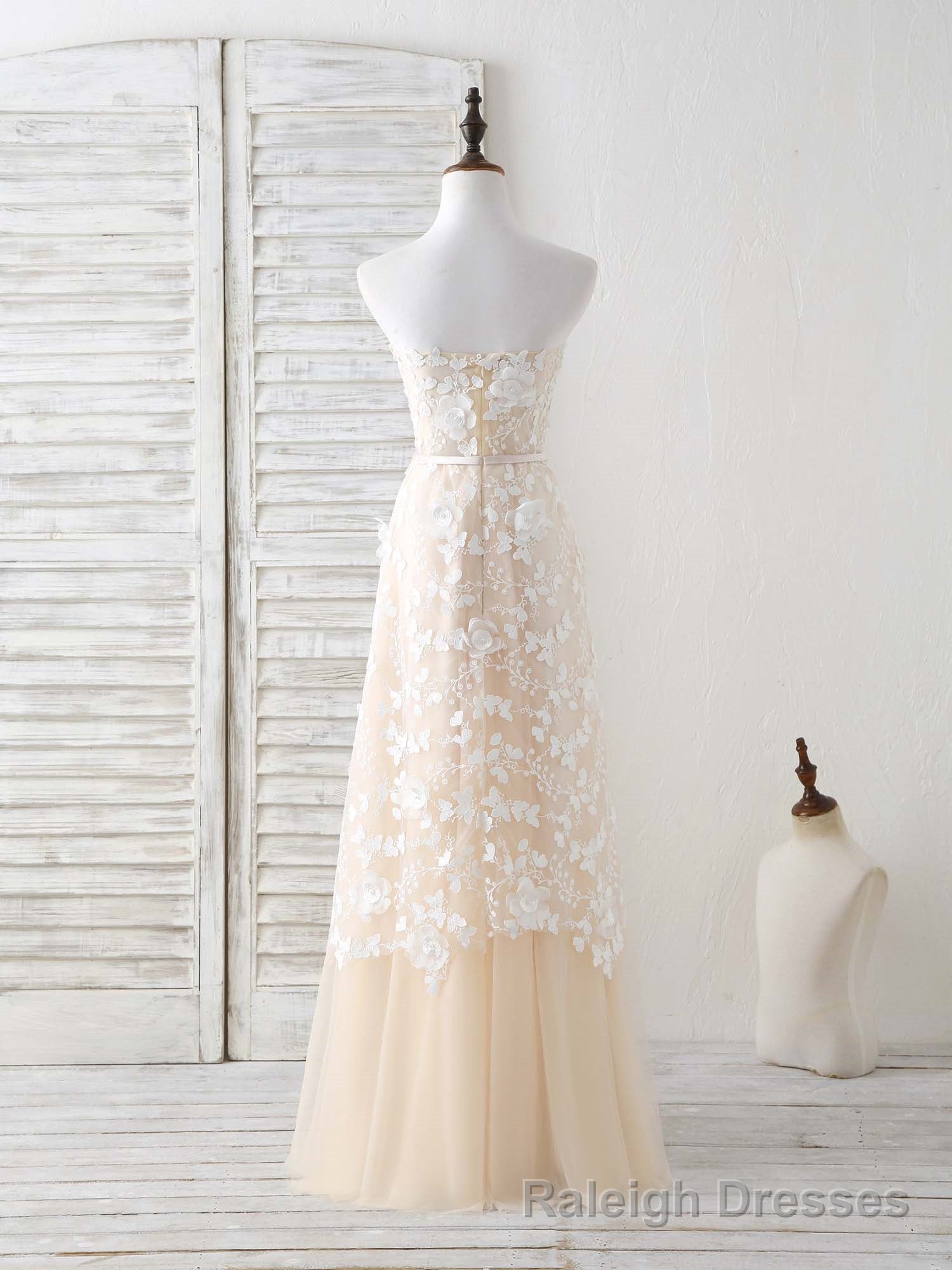 Champagne Tulle Lace Applique Long Prom Dress Champagne Prom Dress