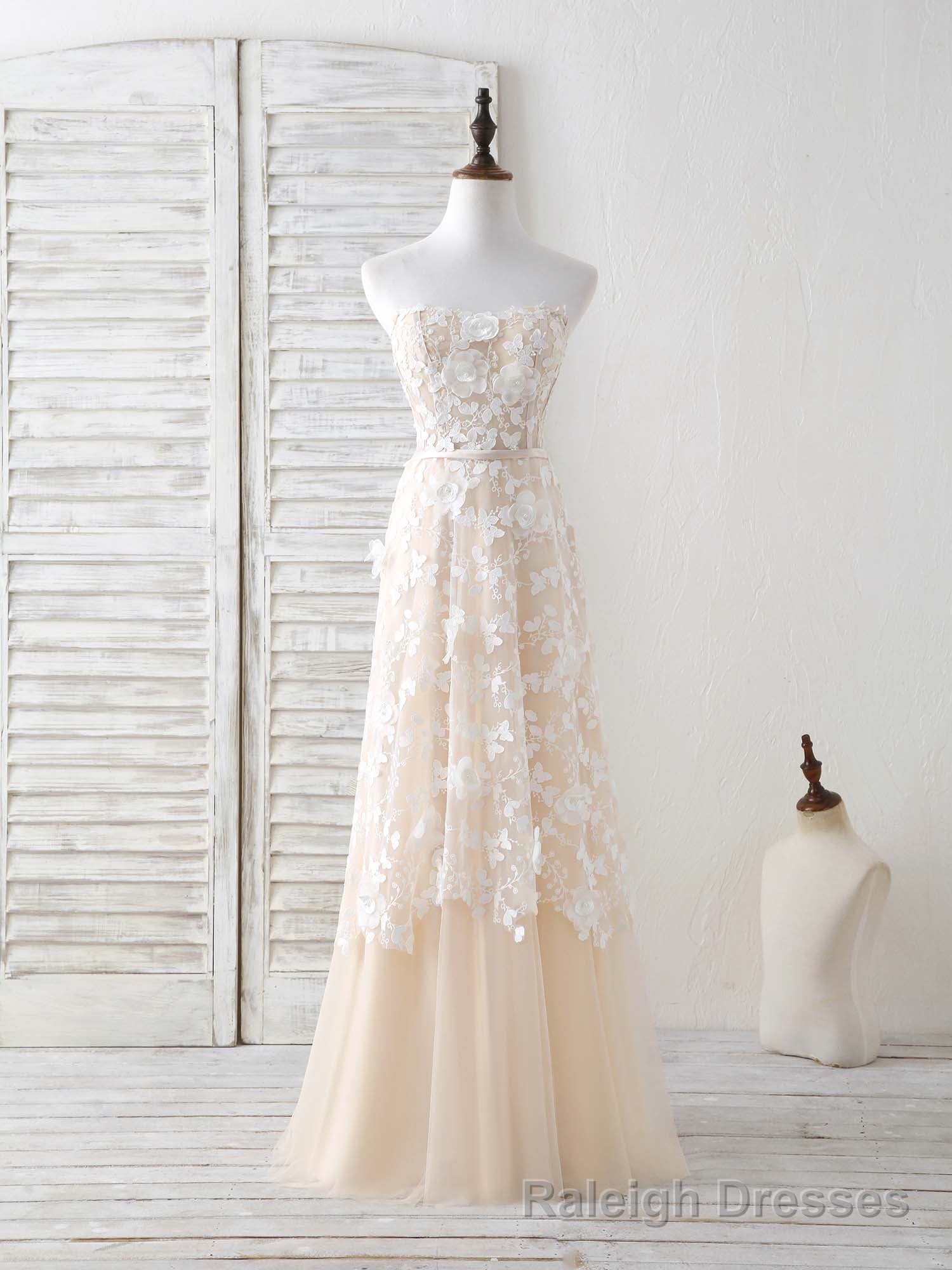 Champagne Tulle Lace Applique Long Prom Dress Champagne Prom Dress