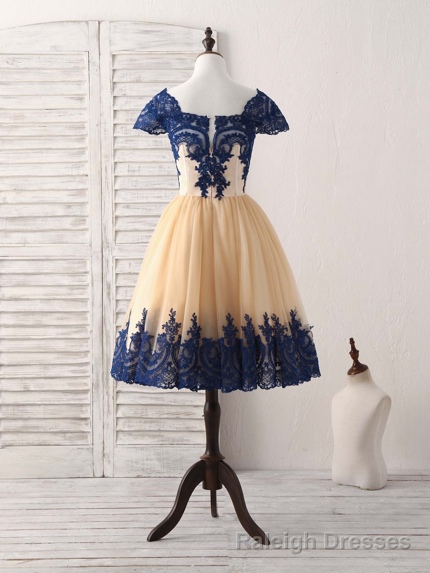 Champagne Tulle Lace Applique Short Prom Dress, Bridesmaid Dress Secondary image