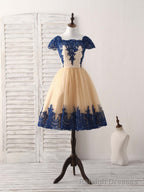 Champagne Tulle Lace Applique Short Prom Dress, Bridesmaid Dress