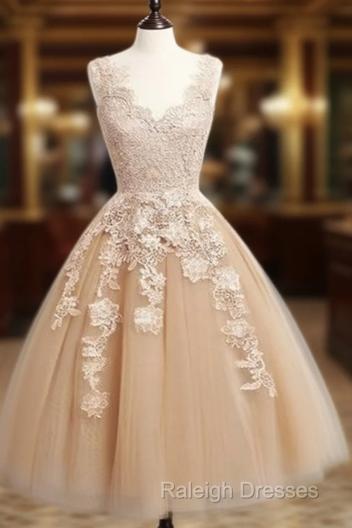 Champagne Tulle Lace Applique Short Prom Dresses Homecoming Dresses