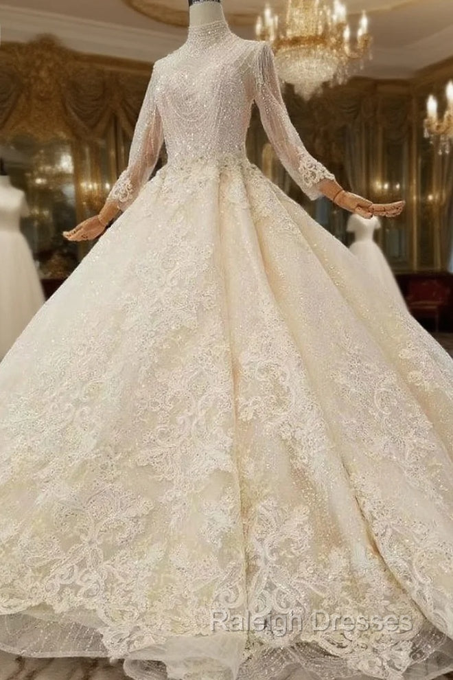 Champagne Tulle Lace Appliques High Neck Long Sleeve Beading Luxury Wedding Dress Main image