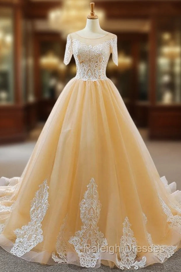 Champagne Tulle Lace Appliques Short Sleeve Backless Wedding Dress Main image