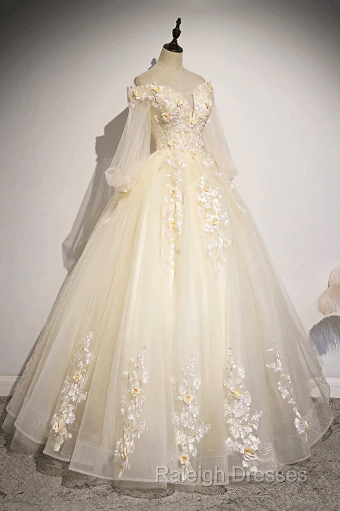 Champagne Tulle Lace Floor Length Prom Dress, Off Shoulder Long Sleeve Evening Dress