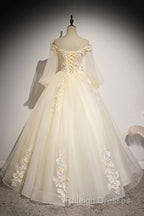 Champagne Tulle Lace Floor Length Prom Dress, Off Shoulder Long Sleeve Evening Dress