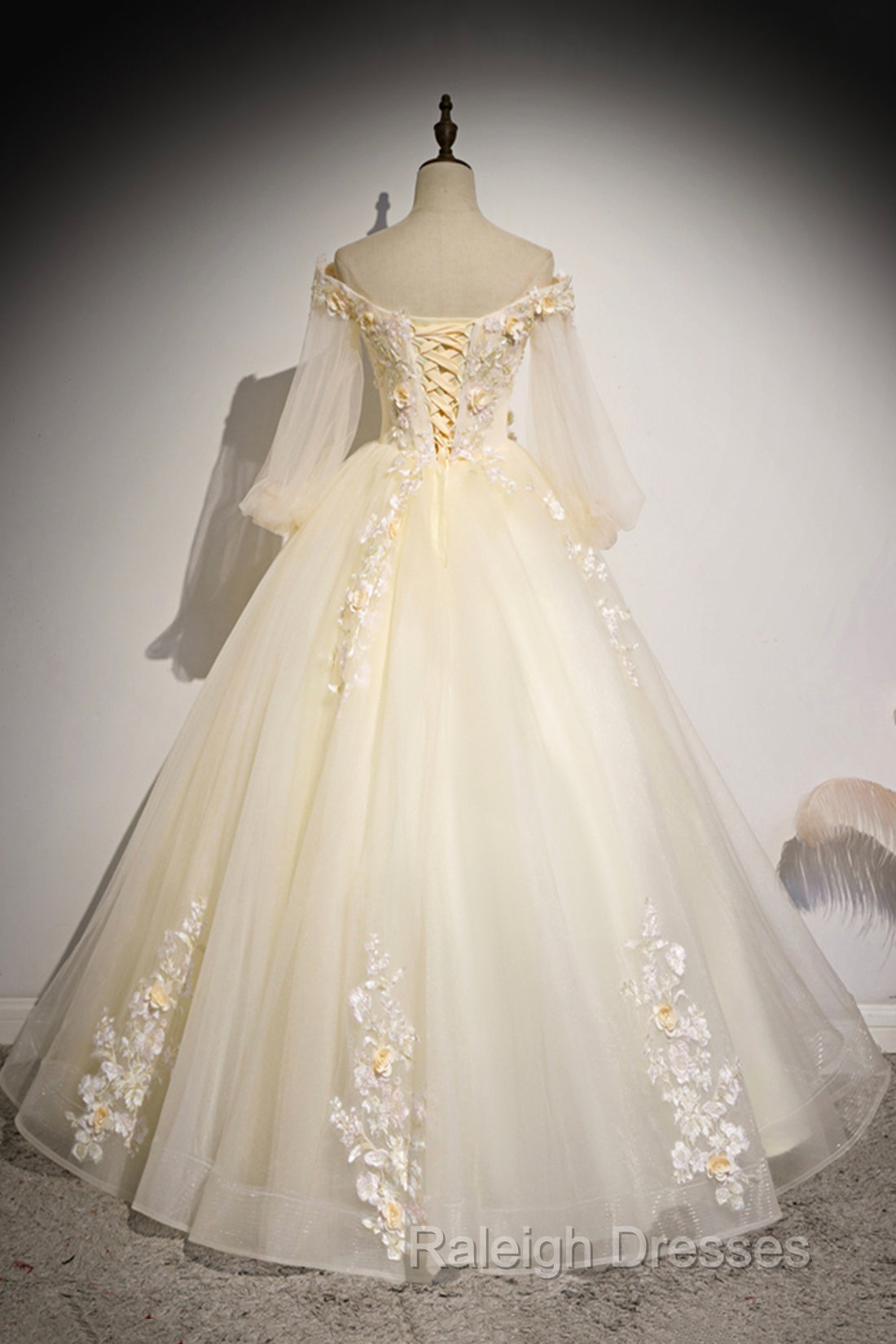 Champagne Tulle Lace Floor Length Prom Dresses Off Shoulder Long Sleeve Prom Dresses