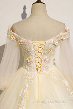 Champagne Tulle Lace Floor Length Prom Dress, Off Shoulder Long Sleeve Evening Dress