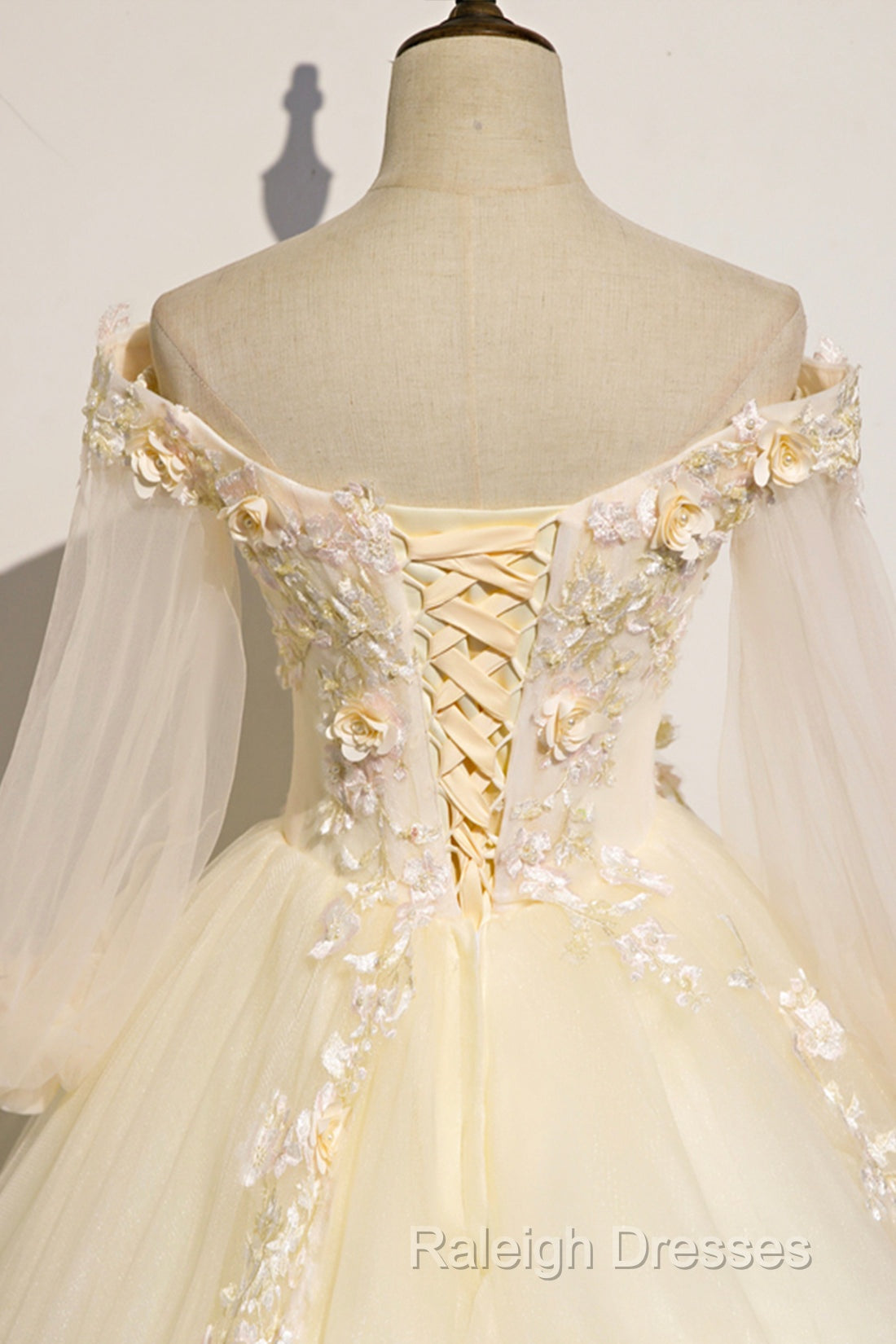 Champagne Tulle Lace Floor Length Prom Dress, Off Shoulder Long Sleeve Evening Dress