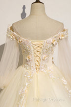 Champagne Tulle Lace Floor Length Prom Dresses Off Shoulder Long Sleeve Prom Dresses