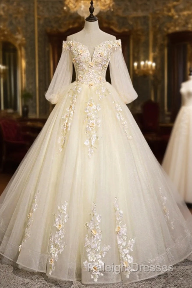 Champagne Tulle Lace Floor Length Prom Dress, Off Shoulder Long Sleeve Evening Dress Main image