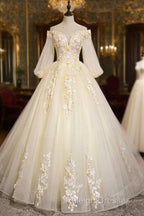 Champagne Tulle Lace Floor Length Prom Dress, Off Shoulder Long Sleeve Evening Dress