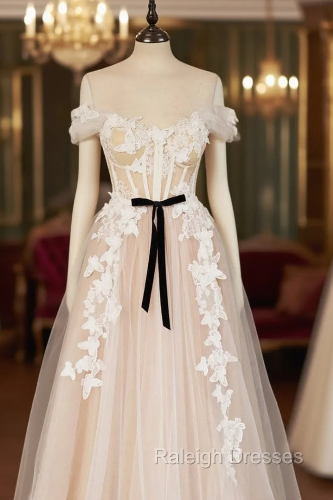 Champagne Tulle Lace Long Prom Dress, A-Line Off the Shoulder Evening Dress Secondary image