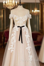 Champagne Tulle Lace Long Prom Dress, A Line Off the Shoulder Prom Dress