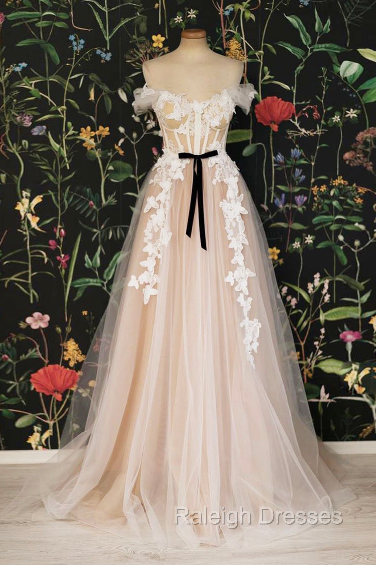 Champagne Tulle Lace Long Prom Dress, A Line Off the Shoulder Prom Dress Main image